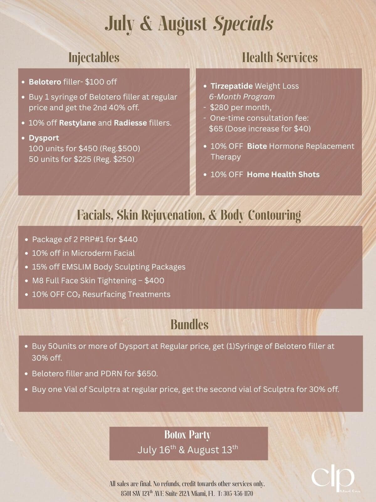 CLP Med Spa January–February 2026 specials flyer with discounts on aesthetics, laser services/body sculpting, health services, bundles/BOGO, plus Happy Hour and Botox party dates.