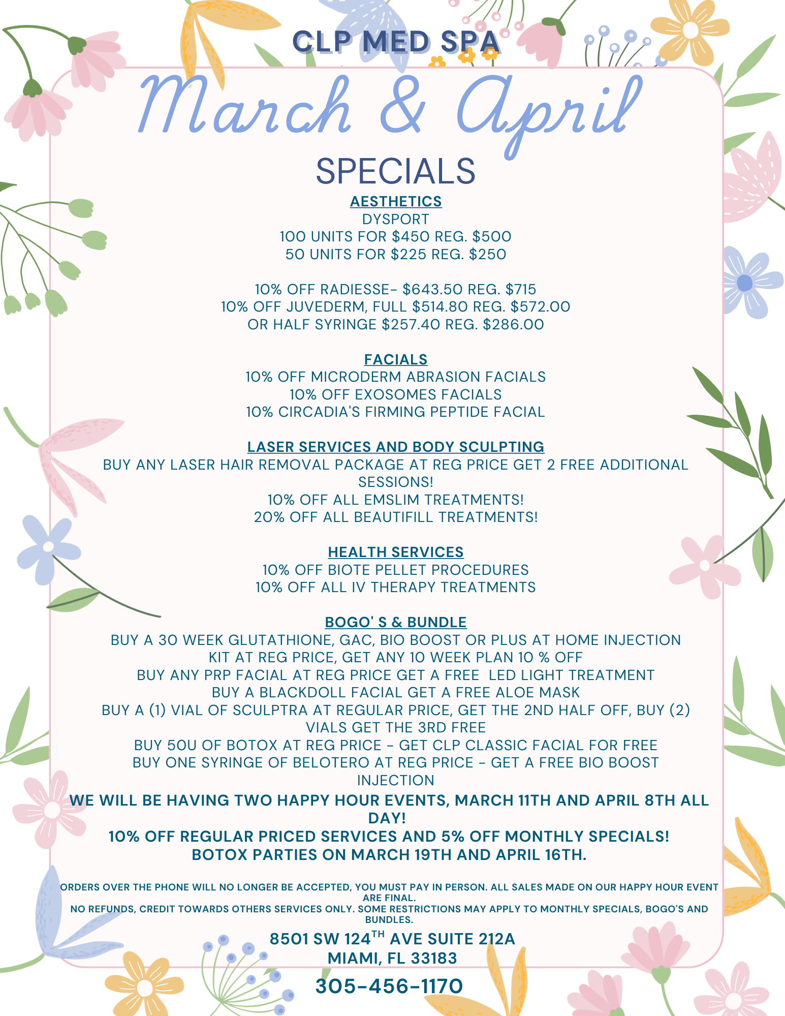 CLP Med Spa January–February 2026 specials flyer with discounts on aesthetics, laser services/body sculpting, health services, bundles/BOGO, plus Happy Hour and Botox party dates.