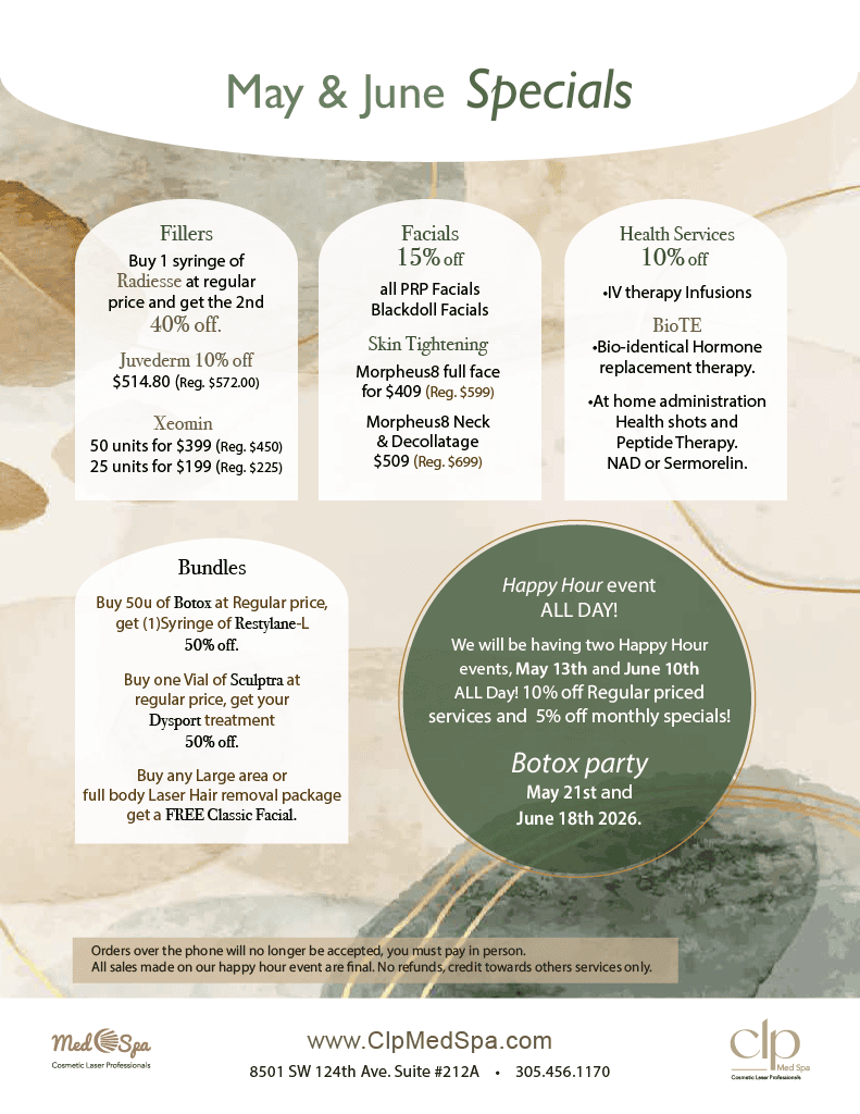 CLP Med Spa January–February 2026 specials flyer with discounts on aesthetics, laser services/body sculpting, health services, bundles/BOGO, plus Happy Hour and Botox party dates.